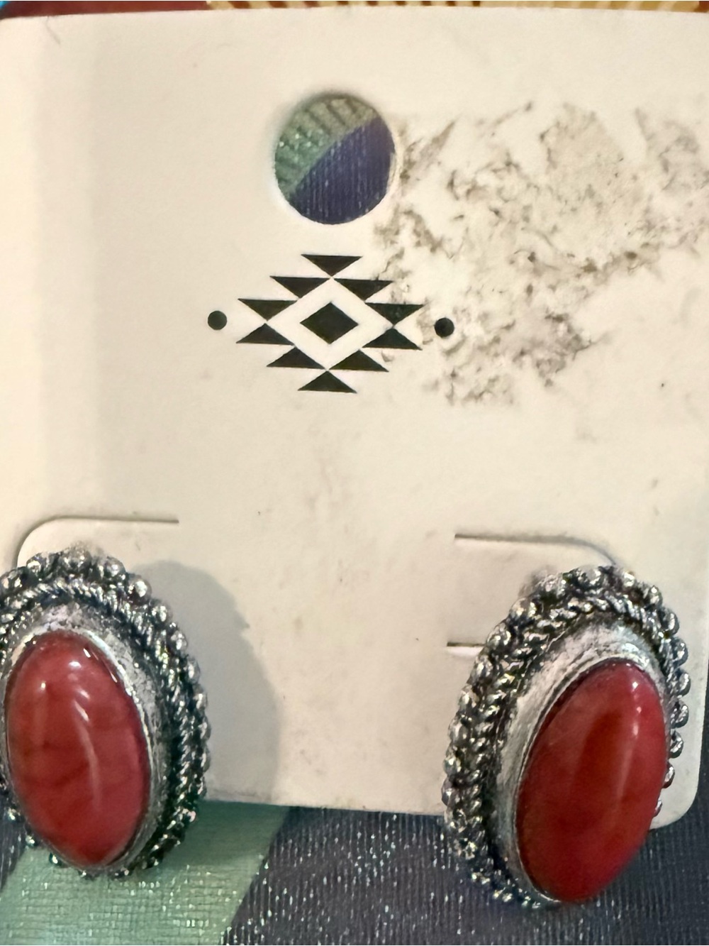 Red Oval Stone Silver-Tone Stud Earrings - Women Jewelry